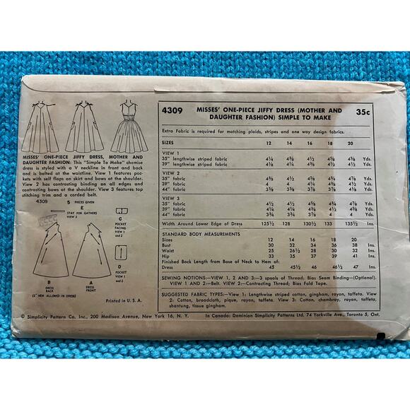Simplicity 4309 Sewing pattern Tent dress A line pockets 1950s size 12 - Picture 3 of 5